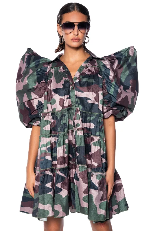 A perfect wardrobe for fashionable women   RUFFLE SLEEVE CAMO PRINT TRAPEZE MINI DRESS