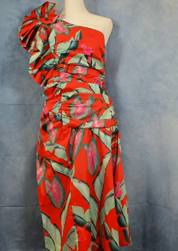 Bold, confident, and stylish women’s clothing   Farm Rio Summer Foliage One Shoulder Maxi Dress In Summer Foliage Red-Large