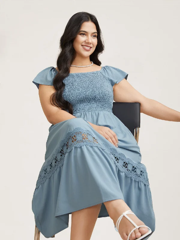 Uncover unique pieces for your perfect wardrobe   Shirred Stretchy Waist Lace Trim Midi Dress