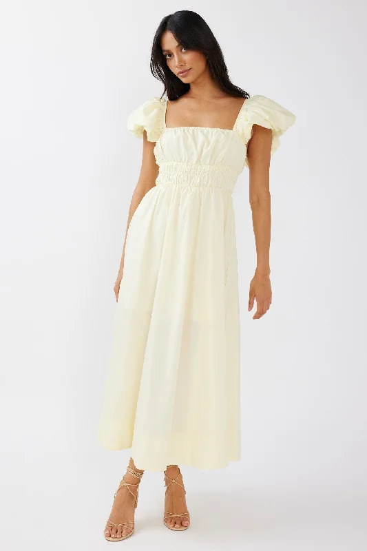 Casual outfits that elevate your style   Rose Meadow Puffed Sleeve Midi Dress Banana