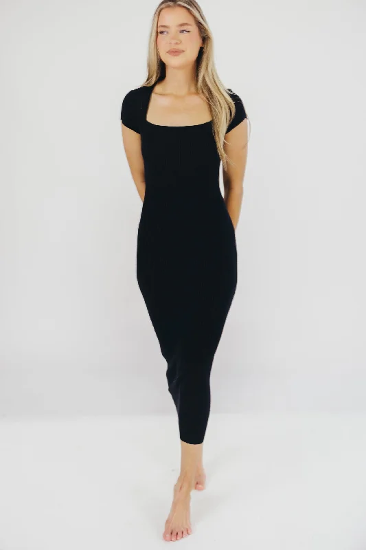 Feminine silhouettes for the modern woman   Wren Ribbed Knit Maxi Dress with Square Neckline in Black (XS-XL) - Worth Collective Exclusive