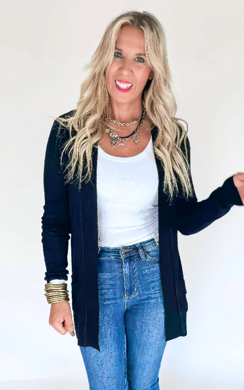 Elevate your style with fashionable women’s clothing   Black Open Knit Cardigan