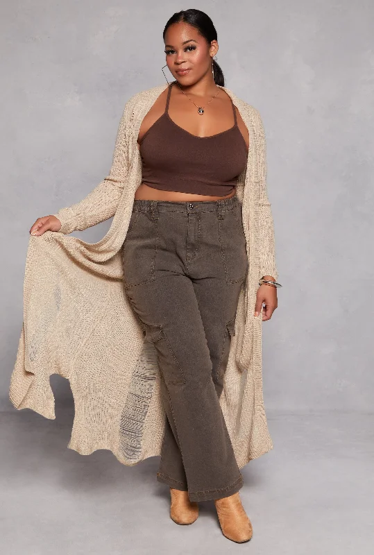 Plus Size Solid Distressed Long Cardigan