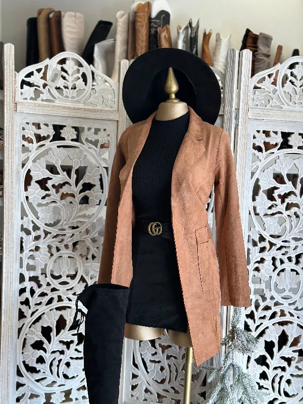 Feminine fashion to express your unique style   Brown Suede Blazer Coat with Side Pockets