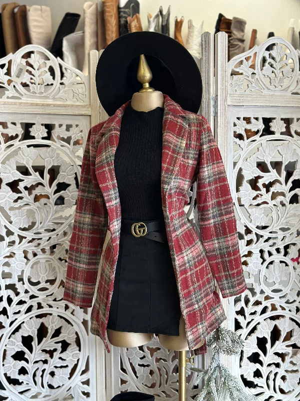 Everyday essentials for a stylish wardrobe   Red Plaid Blazer Coat