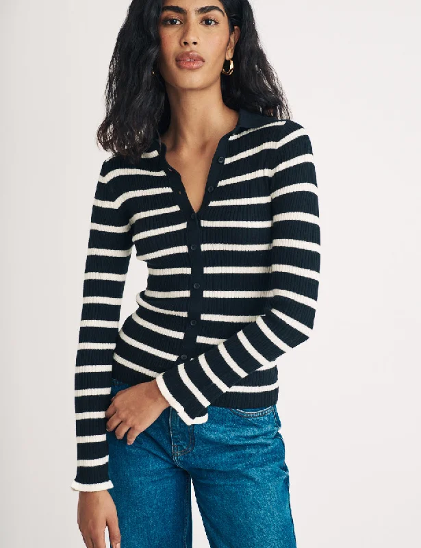 Black And White Stripe Wool Blend Ribbed Cardigan