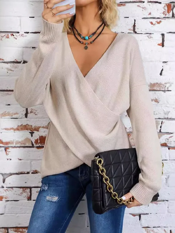 Chic, modern fashion for empowered women   Surplice Dropped Shoulder Long Sleeve Sweater
