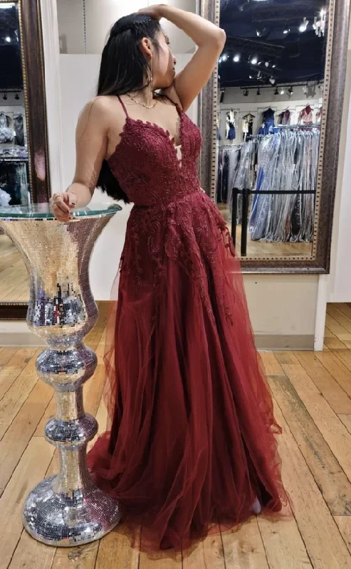 Express your style with fashionable women’s clothing   Burgundy lace long prom dress A line evening dress   cg18368
