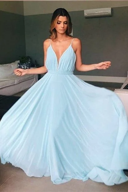 Step into style with our women’s clothing collection   Skyblue Chiffon Prom Long Party Dresses V-neckline