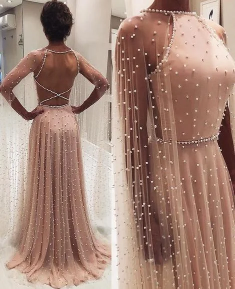 Look and feel your best in our women’s wear   Chic A-line Long Sleeve Prom Dresses Beading Pink Long Evening Dress  cg6369