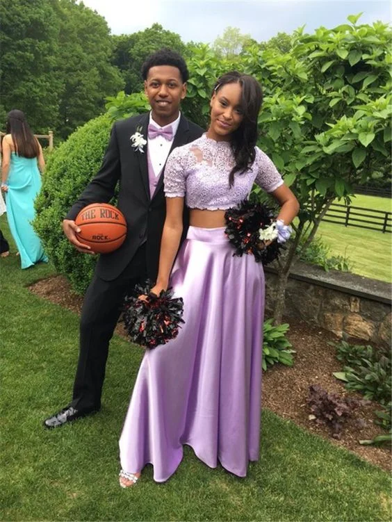 Chic, modern fashion for empowered women   Purple Prom Dress with Lace,Two Pieces Prom Dress with Short Sleeve,Long Formal Party Gown  cg6293